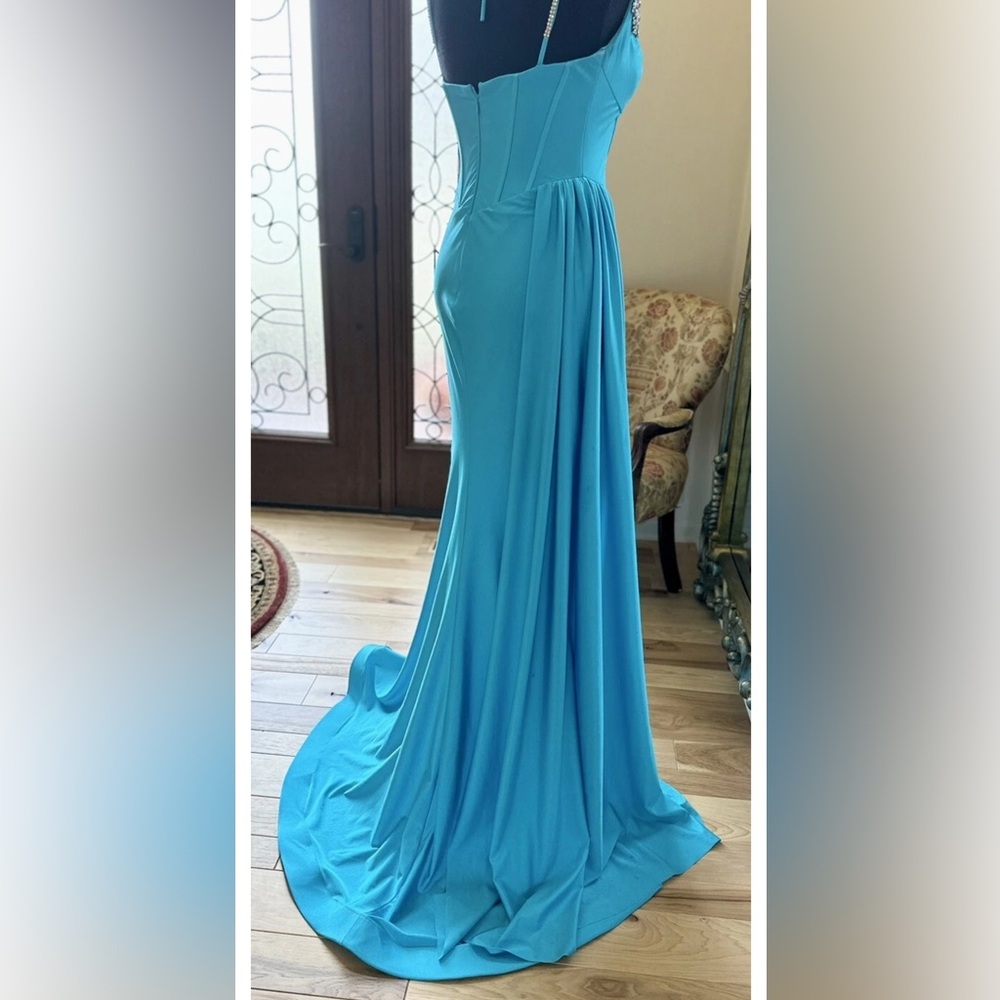 Portia and Scarlett Turquoise Blue Maxi Formal Evening Fitted Gown Size 4 - Picture 13 of 16
